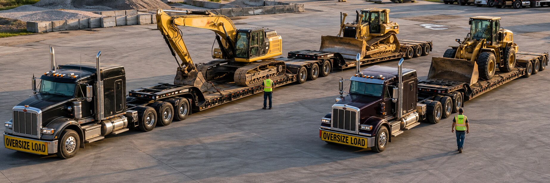 Construction equipment loaded on lowboy trailers for transport